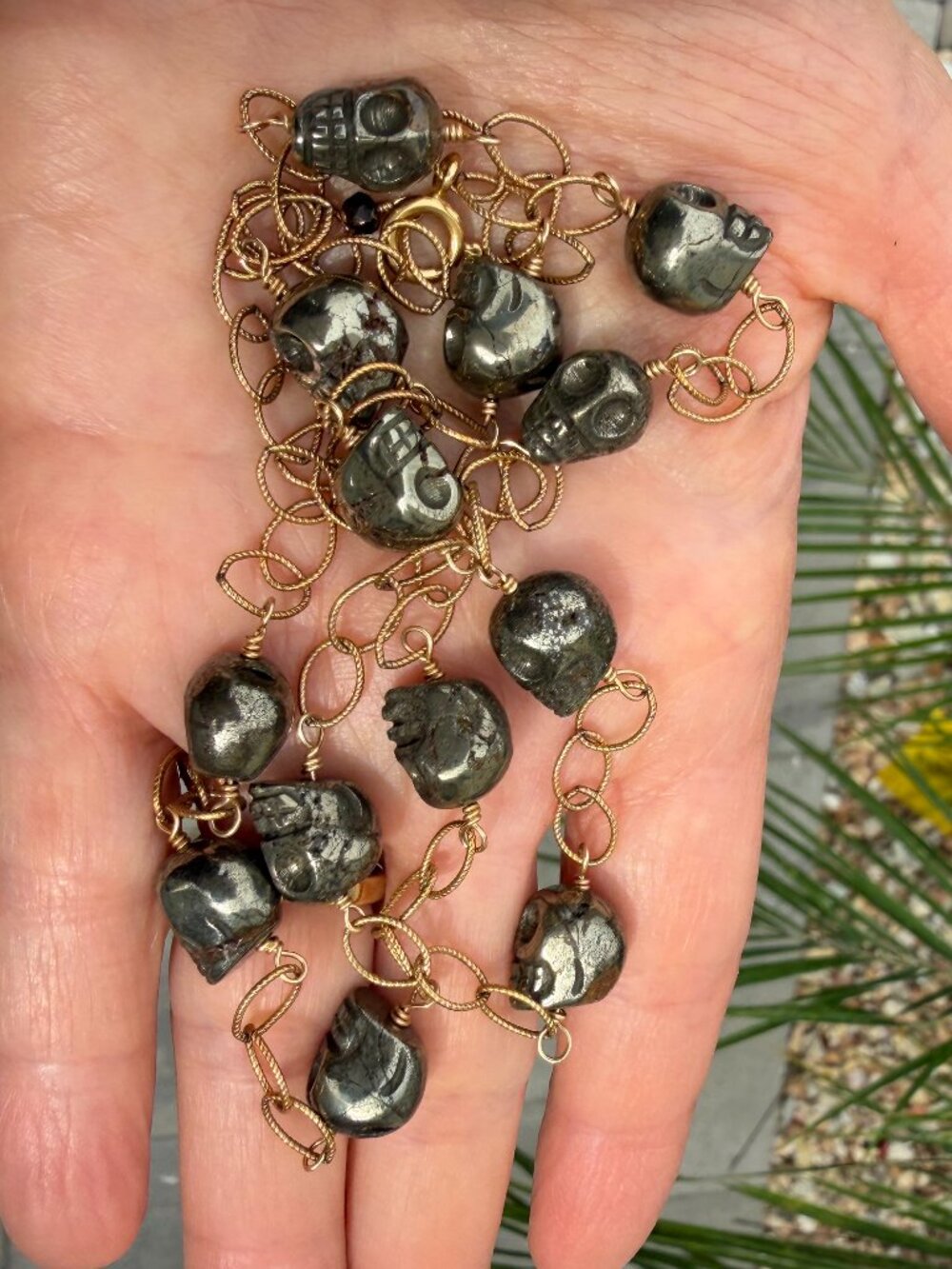 Goth, punk pyrite skull and 14K gold fill chain necklace, 24"